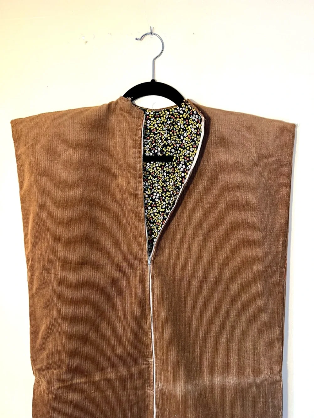 Corduroy Garment Storage Bag in Brown Corduroy with calico/floral lining